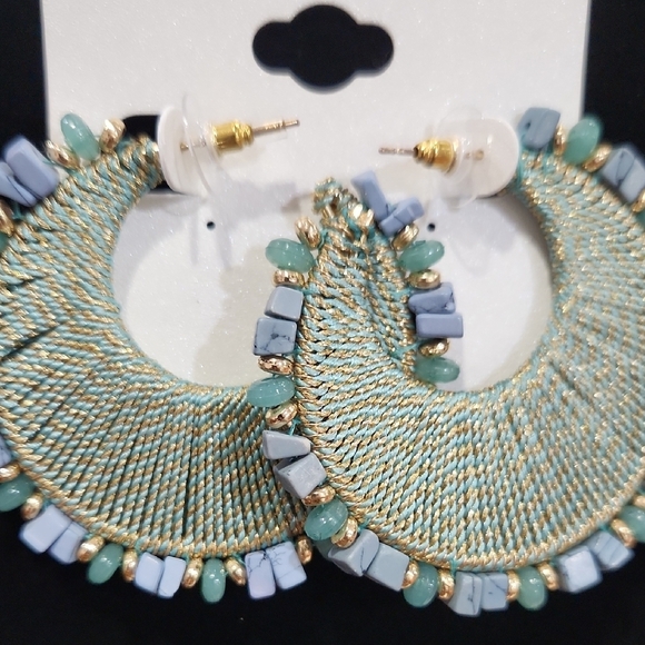 🔹️Natasha🔹️ Couture Aqua and Gray Beaded Hoop Earrings - Picture 5 of 5